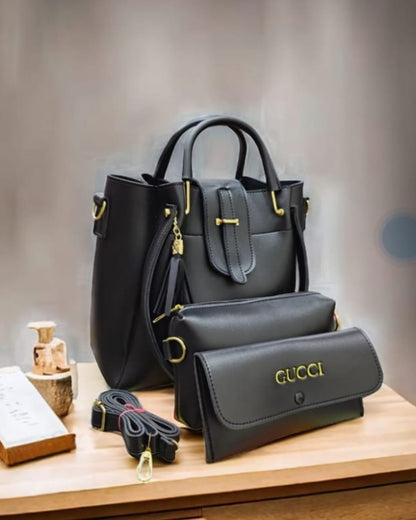 Stylish &amp Versatile 3-Piece Handbag Set with Gold Detailing